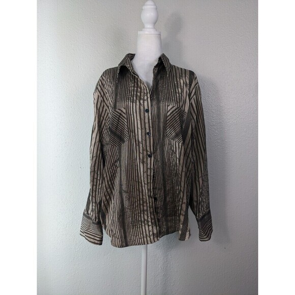 Chico's Tops - Chico's Womens Shirt 3 Large Golden Striped Button Up Long Sleeve Silk Blend N24